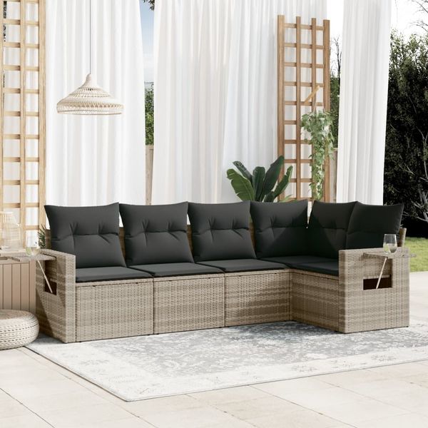 vidaXL 5-tlg. Garten-Sofagarnitur mit Kissen Hellgrau Poly Rattan 3220131