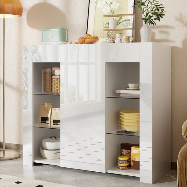 Merax Sideboard Buffetschrank mit Hochglanz-Front (1 St, für Wohnzimmer, Esszimmer oder Küche), Kommode mit Glasregalen und Tür, Anrichte Schrank Buffet, 95x35x83cm