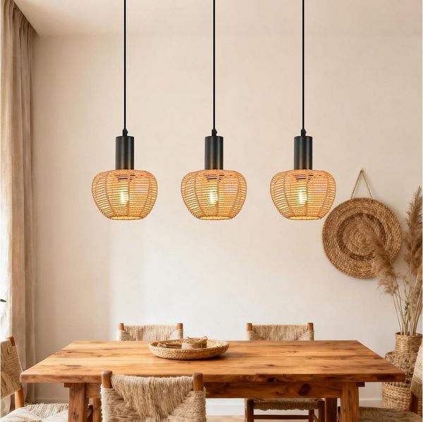 Nettlife Pendelleuchte Retro Boho Schwarz Hängelampe aus Rattan 1/3 flammige E27, Höhenverstellbar, ohne Leuchtmittel, ob Schlafzimmer Flur Esszimmer Dachboden Küche
