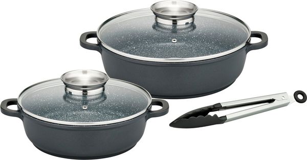GSW Pfannen-Set Gourmet Granit, Aluminiumguss (Set, 5-tlg, 1x Servierpfanne mit Glasdeckel 24cm, 28cm, Servierzange), Aluminium-Guss, VITAFLON® GRANIT Antihaft-Versiegelung, Induktion