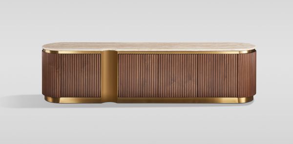 Livin Hill Stilig ST916D TV-Sideboard, MDF, Walnussfurnier, Travertin, Edelstahl, 50 x 40 x 200 cm