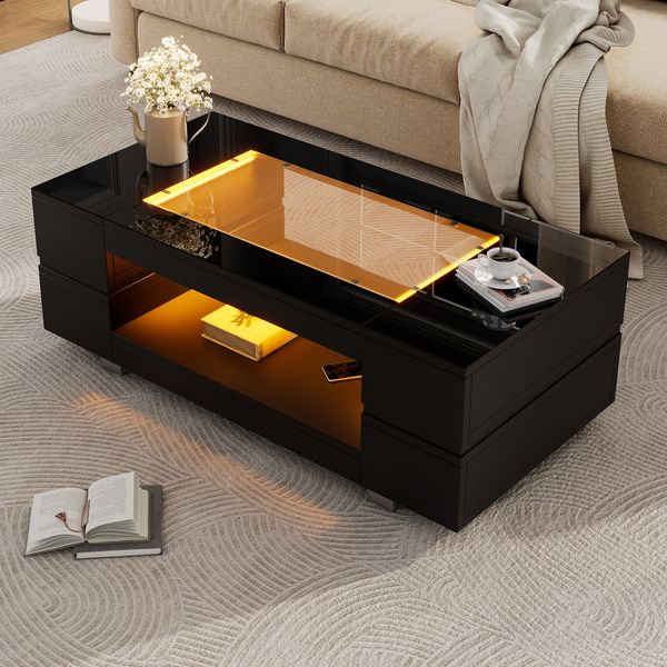 Couchtisch 100 x 50 x 35 cm mit LED, Hochglanz-Tischplatte, Glasplatte und Stauraum