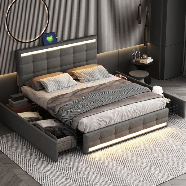 Polsterbett 140×200 cm mit 4 Schubladen, LED & USB, Grau, ohne Matratze