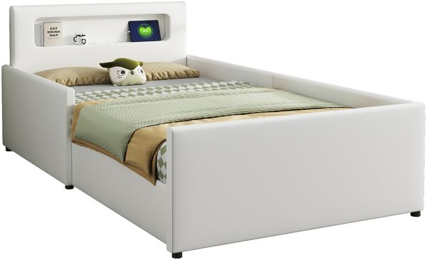 Polsterbett 90x200 cm mit Nachtlicht, USB-Anschluss und Stauraumschubladen – Kinderbett aus Kunstleder in Weiß Bild 7
