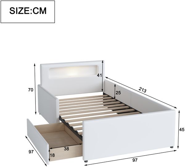 Polsterbett 90x200 cm mit Nachtlicht, USB-Anschluss und Stauraumschubladen – Kinderbett aus Kunstleder in Weiß Bild 10