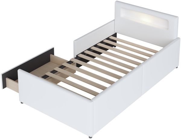 Polsterbett 90x200 cm mit Nachtlicht, USB-Anschluss und Stauraumschubladen – Kinderbett aus Kunstleder in Weiß Bild 8