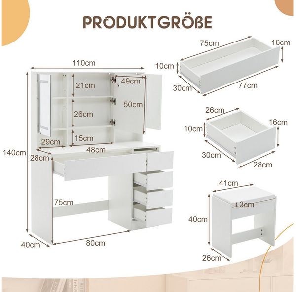 Thanaddo Schminktisch Schminktisch mit LED-Beleuchtung,Praktischer Kosmetiktisch, Breite 105 cm