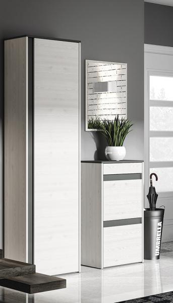Flur Schrank Set mit Spiegel in Schneekiefer Nb. mit anthrazit HORSENS-131, B/H/T ca. 119/198/34 cm