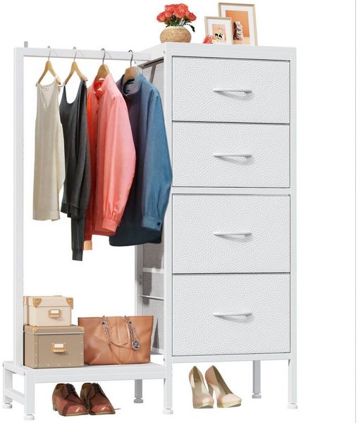 OYRREU Kommode mit Kleiderstange & Schuhablage, Aufbewahrungsschrank (Set mit 4 Stoffschubladen, Kleiderständer 1-St. mit Schuhregal), 3-in-1-Funktion, platzsparend, Garderoberständer 76 x 30 x 111 cm
