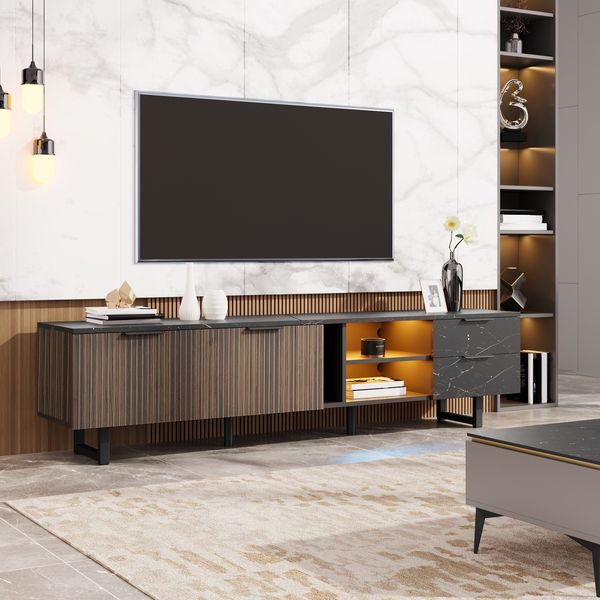 TV Lowboard 200 cm Schwarz Marmor & Holzoptik mit LED Beleuchtung - Moderner Fernsehschrank RGB Licht,staubsaugerroboterfreundlich