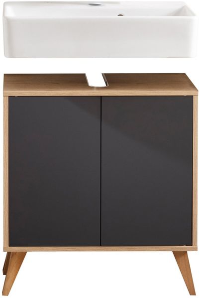 FACKELMANN FINN Waschbecken mit Unterschrank 60 cm breit, Anthrazit/Braun hell, Waschbecken Keramik Weiß + Holzfüße
