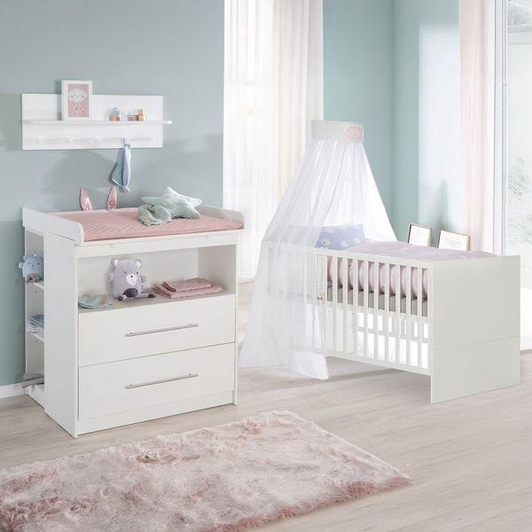roba® Babymöbel-Set Maren - klassisches Babyzimmer Set - Weiß - Metallgriffe - aus Holz, (schmale Wickelkommode, Babybett 70 x 140 cm), Babyzimmer Set- mitwachsend, umbaubar- zeitlose, klassische Optik