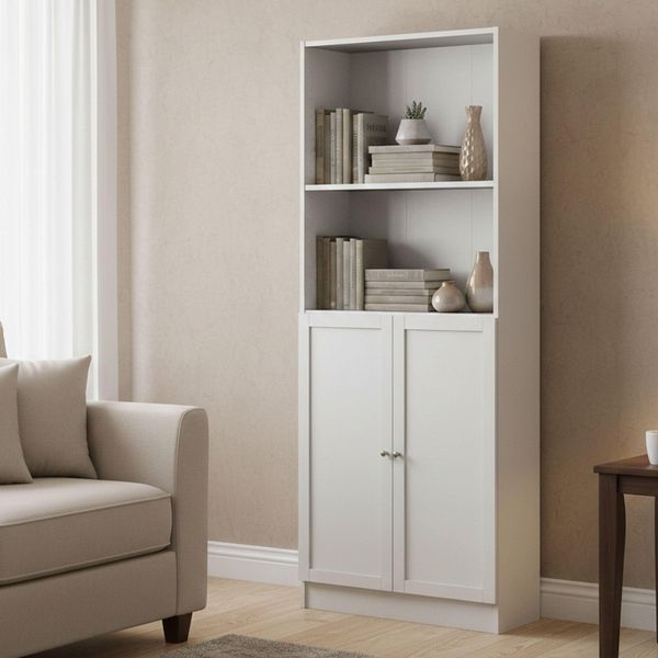 Dmora - Bücherregal Anastasie, Büroregal, Mobiler Buchhalter, Bücherbrett, 79x28 h203 cm, Weiß