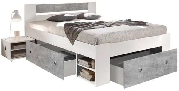 STEFAN Moderne Doppelbett Bettanlage 140x200 cm mit 2x Nachtkommoden - Schlafzimmer Komplett-Set in Beton-Optik, Weiß - 145 x 86 x 204 cm (B/H/T)