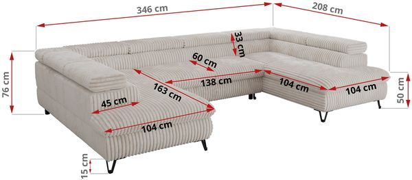 MKS Möbel 'Pablo U-Form' Wohnlandschaft mit Bettkasten, Beige, Cordstoff, Visco Topper Bild 7