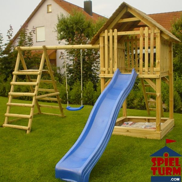 Spielturm Tom inkl. Schaukel, Sandkasten, Kletterelemente und Wellenrutschbahnn - Material: Kiefernholz - ohne Rutsche