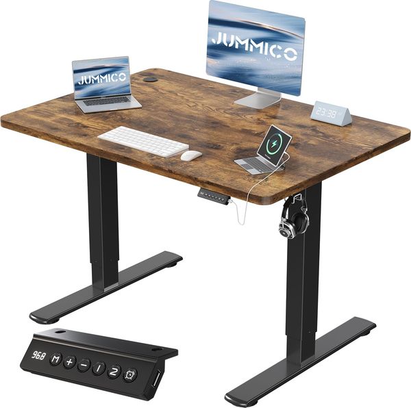 JUMMICO Höhenverstellbarer Schreibtisch mit USB-Ladeanschluss 110x53 cm, Schreibtisch Höhenverstellbar Elektrisch, Steh-Sitz Tisch Stehpult Verstellbarer Computertisch,Standing Desk, Braun