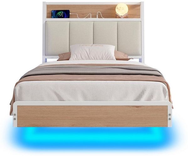 KIMENICH Polsterbett mit USB Ladefunktion und LED-Beleuchtung, Schwebender visueller Effekt (1-tlg, Ohne Matratze), Jugendbett Bettgestell 90x200cm