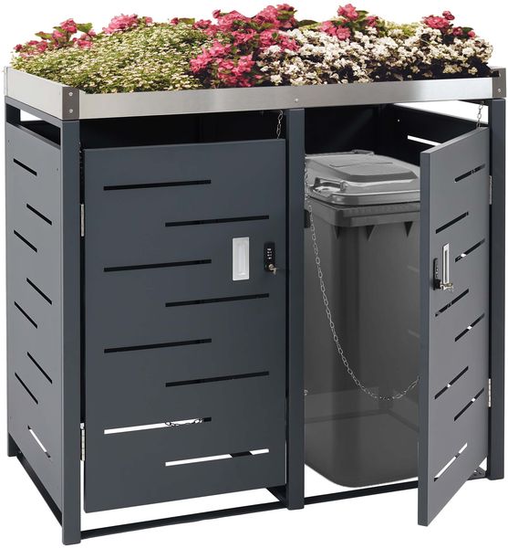 2er-Mülltonnenverkleidung HWC-H40b, Mülltonnenbox, Pflanzkasten Edelstahl-Metall-Kombi 39kg 110x115x62cm erweiterbar