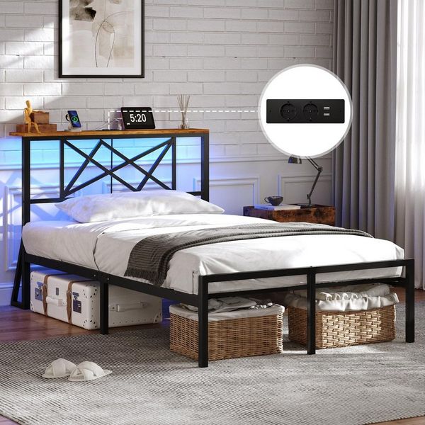 MSMASK Metallbett mit LED-Beleuchtung, Steckdose und 2 USB-Anschlüssen (Ohne Matratze), Bettgestell 90x200 cm in Braun mit Metall-Lattenrost