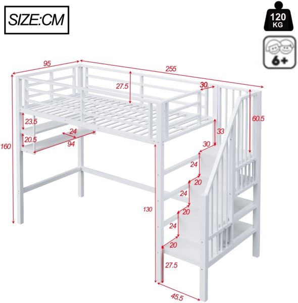 Merax Hochbett, Kinderbett 90*200cm , Einlegeböden, Stauraumleiter, Freiraum unter dem Bett zum Verkleiden, Geländer, ohne Matratze, Weiß Bild 4
