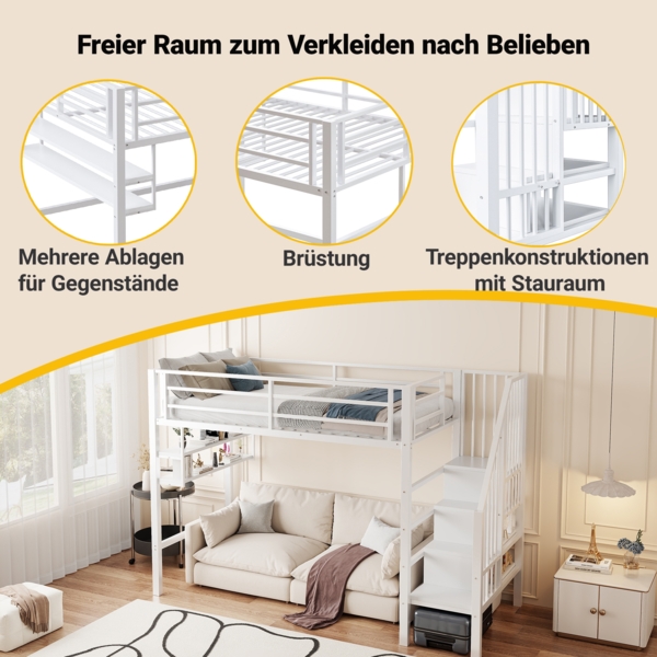 Merax Hochbett, Kinderbett 90*200cm , Einlegeböden, Stauraumleiter, Freiraum unter dem Bett zum Verkleiden, Geländer, ohne Matratze, Weiß Bild 5