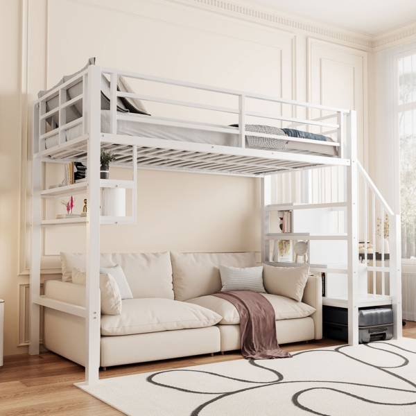 Merax Hochbett, Kinderbett 90*200cm , Einlegeböden, Stauraumleiter, Freiraum unter dem Bett zum Verkleiden, Geländer, ohne Matratze, Weiß Bild 6