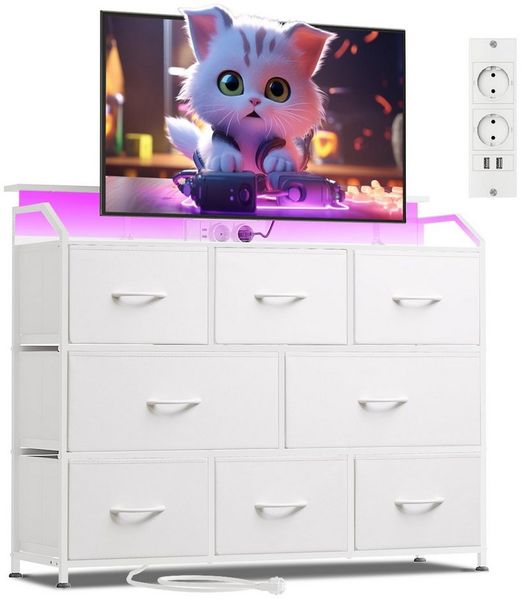 WLIVE Kommode mit 8 Stoffschubladen, LED-Beleuchtung und Ladestation (Aufbewahrungsschrank mit Holzplatte und Metallgestell, Aufbewahrungsschrank mit Holzplatte und Metallgestell), Schlafzimmerkommode für Wohnzimmer, Flur und Schlafzimmer