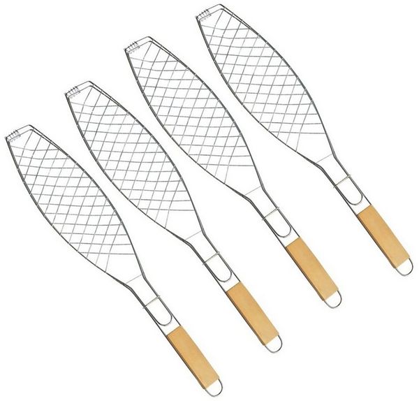 BAYLI Grillspieß 4er Set Fischbräter Fischkorb Grill 36x15 cm Fischgriller mit Holzgrif