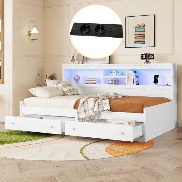 Merax Kinderbett LED Daybett Einzelbett 90x200cm mit Ladefunktion und 2 Schubladen, Weiß