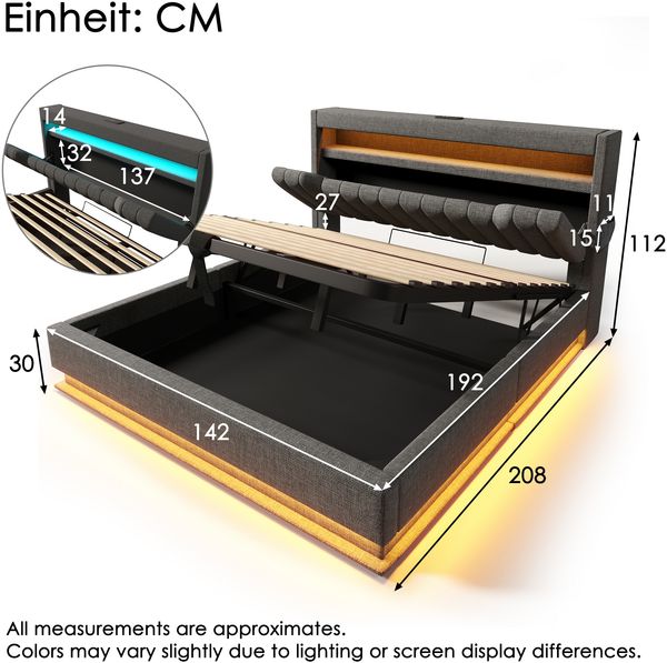 Polsterbett 140×190 cm mit Bettkasten, LED und USB/Typ-C, Grau, ohne Matratze Bild 5