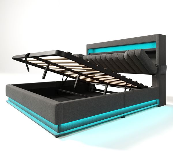 Polsterbett 140×190 cm mit Bettkasten, LED und USB/Typ-C, Grau, ohne Matratze Bild 6