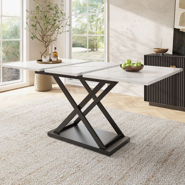 Esstisch 120/160x80x75 cm, ausziehbar, MDF in Marmoroptik mit Metall-Kreuzgestell