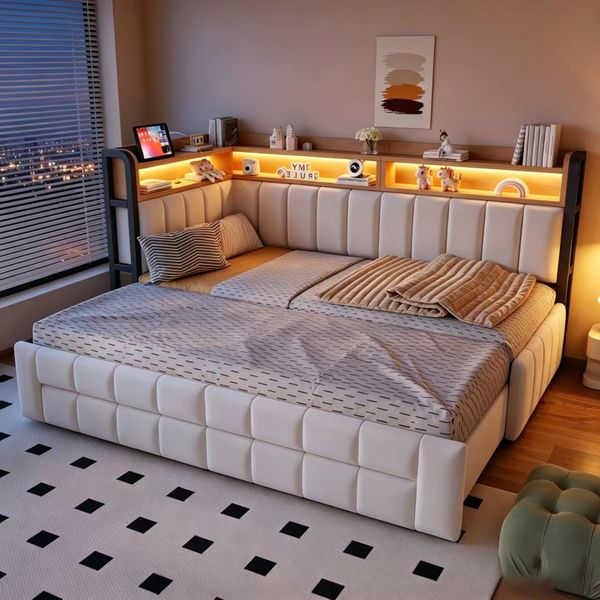 Merax Polsterbett, Schlafsofa 90/180 × 200 cm, Mit Ausziehbarem Bettteil und Stauraumschubladen, Mit Ablage und Staufächern, Mit LED-Beleuchtung, USB- und Typ-C-Anschlüssen, Samtstoff, Beige