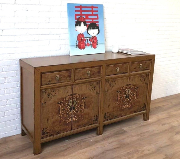 Chinesisches Sideboard braun vintage verziert Schrank Kommode Kolonial-Stil Antik-Stil Lowboard asiatisch orientalisch Fernost shabby-chic Landhaus