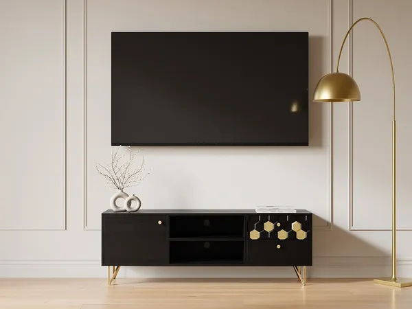Vente-unique - BELORI TV unit Holz, Platte Schwarz - B 40 cm x H 50 cm x L 130 cm