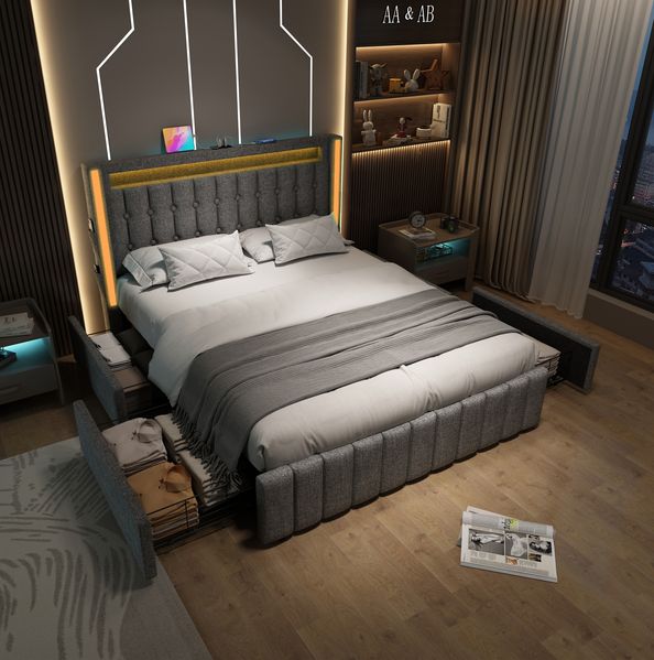 Polsterbett 140x200 cm aus Leinen mit Stauraum, integrierter Ladefunktion (USB/Type-C) und LED-Beleuchtung