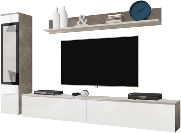 Wohnwand Doppo I (Farbe: Beton / Weiß Hochglanz, ohne Beleuchtung)