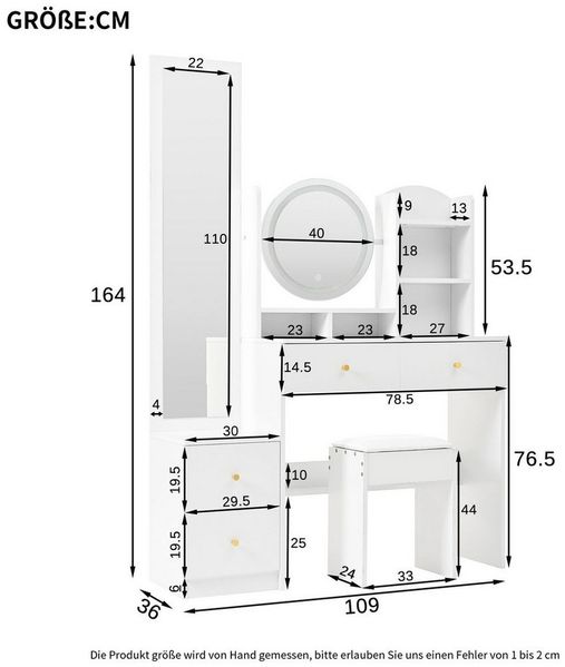 Celya Schminktisch mit Ganzkörperspiegel und drehbarem Tischspiegel (mit Schminktisch Hocker, 3 Farben LED-Beleuchtung, und 4 Schubladen), Geeignet für Schlafzimmer Bild 2
