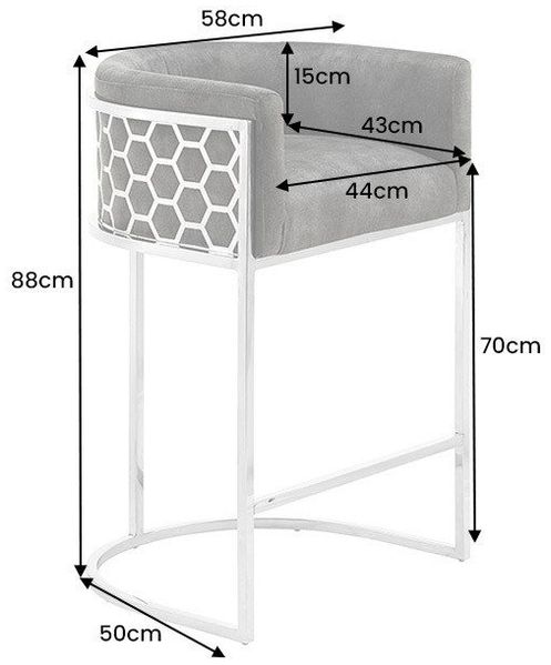 riess-ambiente Barhocker ELEGANCE grau / silber - Samt, Edelstahl, mit Armlehne und Fußablage (Einzelartikel, 1 St), gepolsterter Barstuhl - ideal für Kücheninseln, Bartische und Tresen