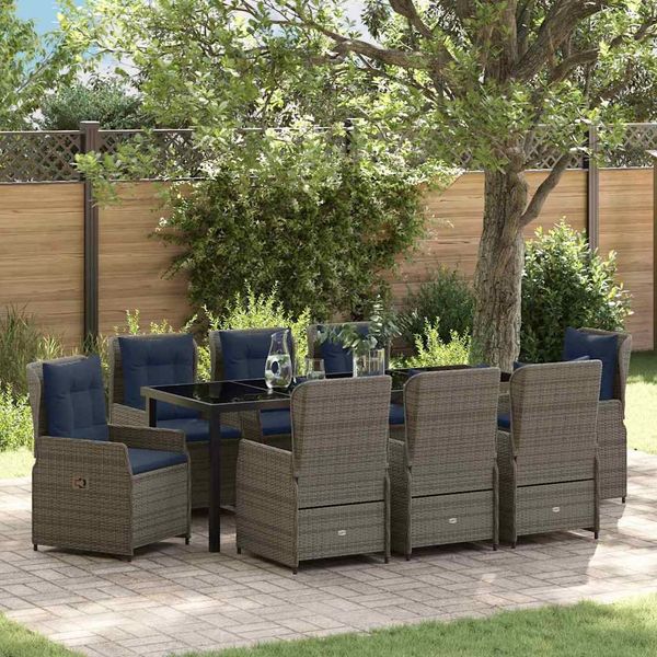 vidaXL Garten Essgruppe mit Kissen 9 pcs Grau Poly Rattan 3381036