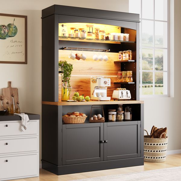 Küchenschrank mit LED-Beleuchtung & offenem Regal, 107 x 43 x 184 cm, schwarz