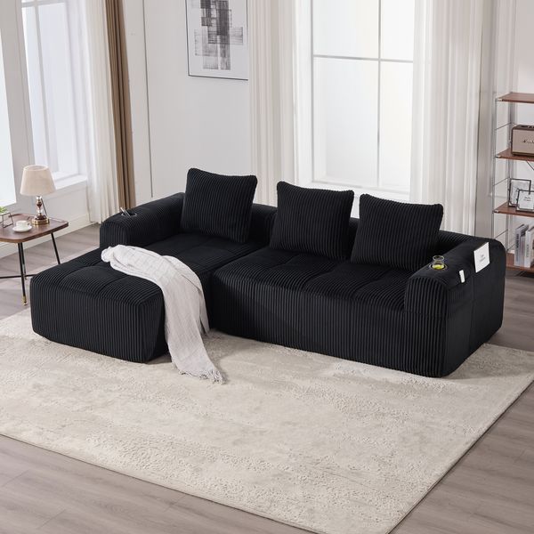Kompaktsofa aus Cord 253x158x61 cm mit Seitenfächern & Becherhaltern, schwarz