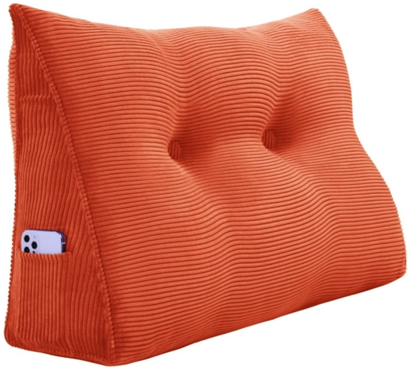 VERCART Großes Keilkissen, Langes Lesekissen, Bettruhe Rückenkissen, Dreieckiges Liegekissen, Dekoratives Kopfteilkissen für Tagesbett oder Tiefes Sofa, Cord Orange, 60cm