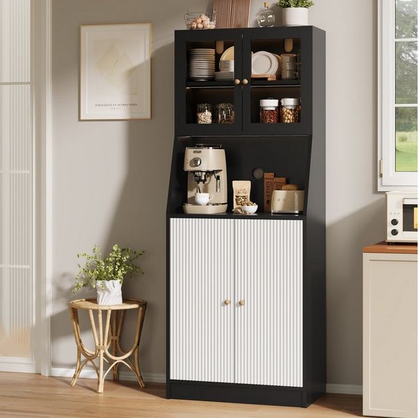 FUROKOY Küchenbuffet Hochschrank mit 4 Türen, Mehrzweckschrank (Packung, 1-St, Küchenschrank mit Verstellbaren Regalen) für Esszimmer, Küche, Wohnzimmer, 180 x 70 x 40 cm, Schwarz