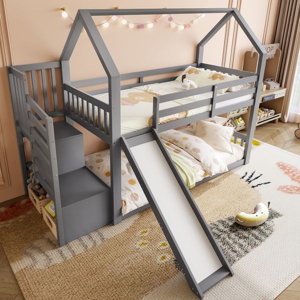 Etagenbett 90x200 cm mit Stauraumtreppe und Rutsche – Kinderbett aus Kiefernholz und MDF in Grau