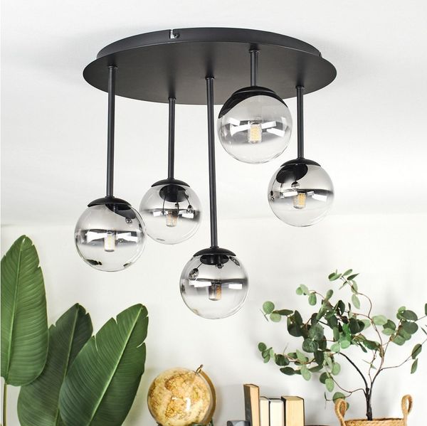 hofstein Deckenleuchte Deckenlampe aus Metall/Glas in Schwarz/Rauchfarben/Klar, Deckenleuchte im Retro/Vintage-Design (Schirme Ø 10 cm), 5 x G9