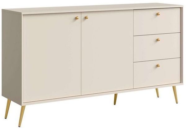 Home affaire Kommode ROMELIS Sideboard mit 3 Schubladen und 2 Türen, B/T/H: 156/40,5/89 cm, Beige Kommode mit goldenen Griffen auf goldenen Füßen, viel Stauraum