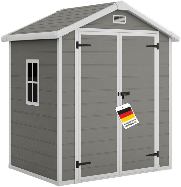 STEELSØN 'Novara' Gerätehaus Satteldach, Kunststoff, grau, wetterfest, 210x134x182 cm, abschließbar, Gartenhaus mit Fenster