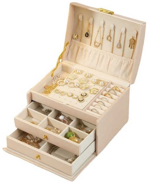 PFCTART Schmuckkasten Hochwertige Leder Schmuckkasten Desktop-Schublade Schmuck Organizer (Dunkelgrün/Beige/Hellrosa), Mit Tragegriff Multi-Öffnung Hardware Scharnier Bild 4